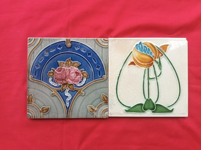 2 Piece Old Art Floral Design Embossed Majolica Ceramic Tiles England 0187
