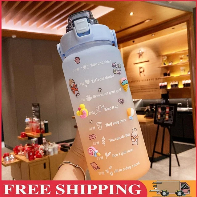 2L Water Bottle Straw Cup Sport Time Scale Jug w/ Stickers (Gradient Blue)