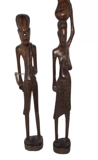 VINTAGE PAIR carved Wooden Figurines Mozambique AFRICA 26cm Tall