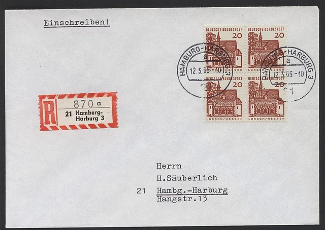 FDC 20 Pf Viererblock Kleine Bauwerke Bund, MiNr 456 echt gelaufen selten !