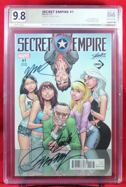 SECRET EMPIRE #1 Conque A PGX 9.8 NM/MT signed STAN LEE, CAMPBELL, RAMOS!! +CGC!