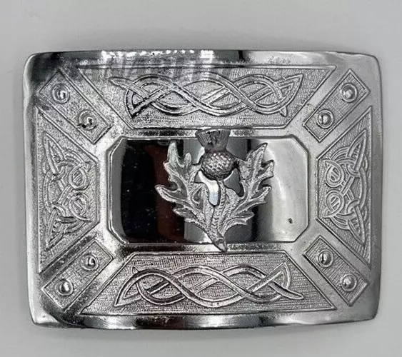 Scottish Kilt Belt Buckle Celtic Design Thistle Chrome Finish Kilts Buckle *NEW*