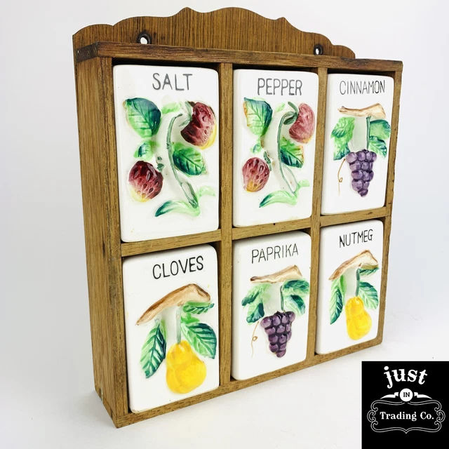 VINTAGE JAPAN CERAMIC Wall Spice 6 Shakers w/ Fruit Handles in Wood