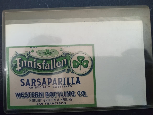 INNISFALLEN RASPBERRY SODA LABEL IRISH WESTERN BOTTLING SAn FRANCISCO CA BB -43