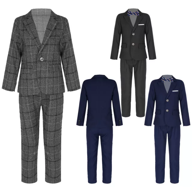 2PC/SET Kid Boy Gentleman Suit Flap Pockets Blazer Pre-Tied Bow Tie Pants Suit K