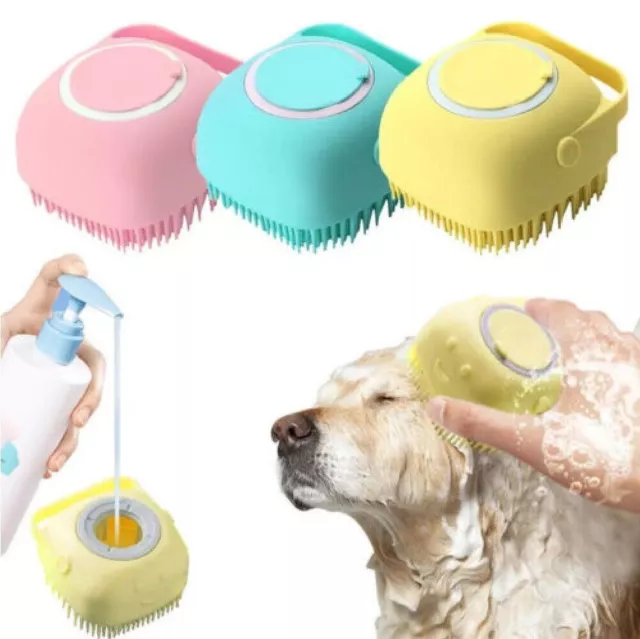 2x Pet Massage Bath Brush For Dog Cat Shampoo Dispenser Silicone Scrubber Assort