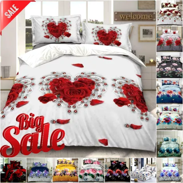 3D Floral Design Duvet Cover Bedding Set With Fitted Sheet & Pillowcase All Size