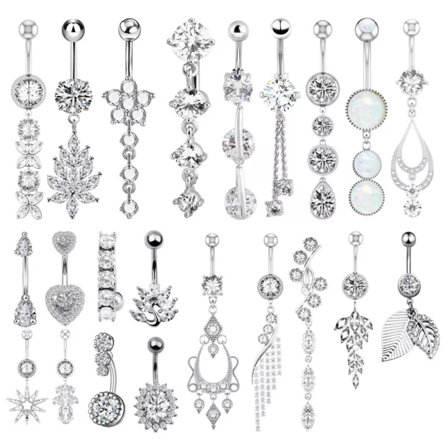 14G Surgical Steel Dangle Belly Button Ring Navel Clear CZ Body Piercing Jewelry