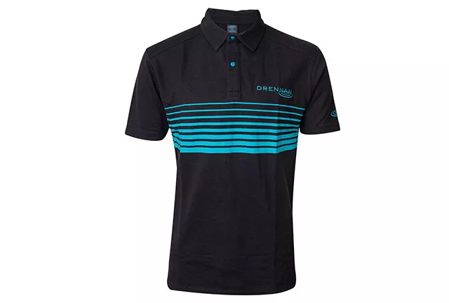 Drennan Match Fishing Clothing Range - Black & Aqua Lines Polo Shirt - All Sizes