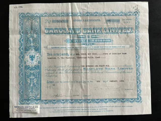 vintage share certificates Barclays Bank