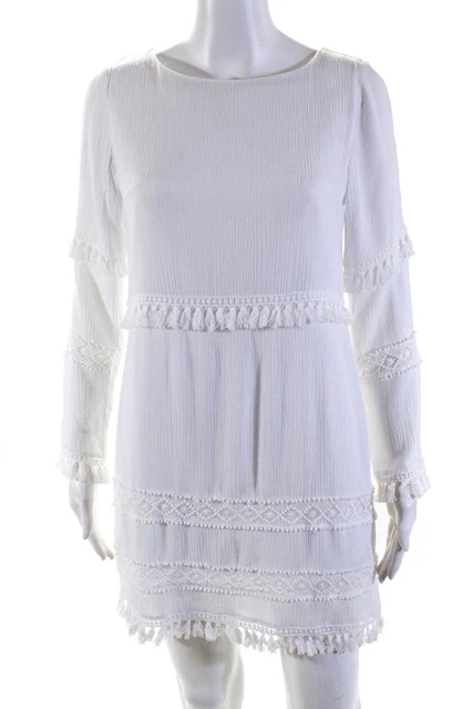 Elle Lauri Womens Woven Fringe Scoop Neck Shift Clara Dress White Size M