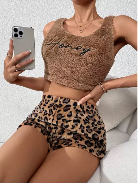 Sexy Conjuntos de Pijama para Mujer Top y Pantalones Cortos de Leopardo 2 Piezas