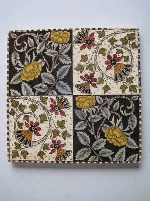 ANTIQUE PRINT & TINT QUARTERED FLORAL TILE - P & F D No.311 RD. No. 50073 c1886
