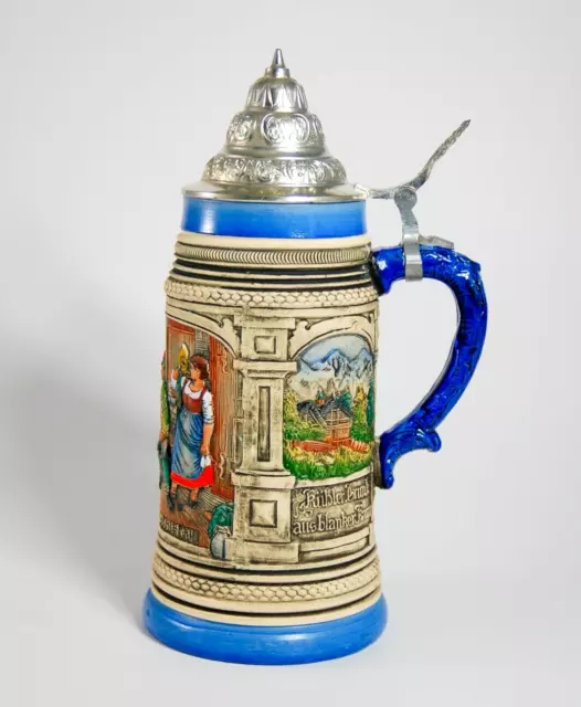 Thewalt Pub Motif ceramic german beer stein lidded 1L blue glaze