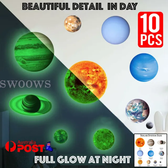 Glow In The Dark Solar System Wall Sticker 10 Planet Decal Kids Room Decor stars