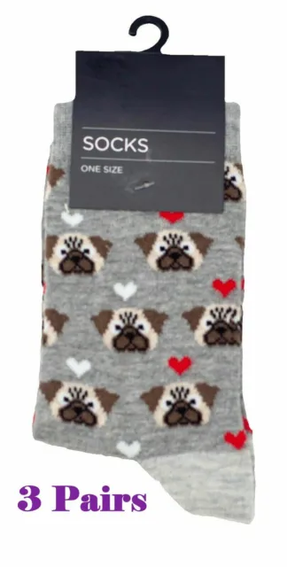 3 Pairs Ladies Dog Pug Print Ankle Socks Grey With Love Hearts One Size UK 4-7