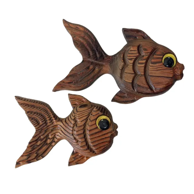 Vintage Wooden Fish Wall Art Handmade Set of 2 Hand Carved Goldfish 9.5" 12"