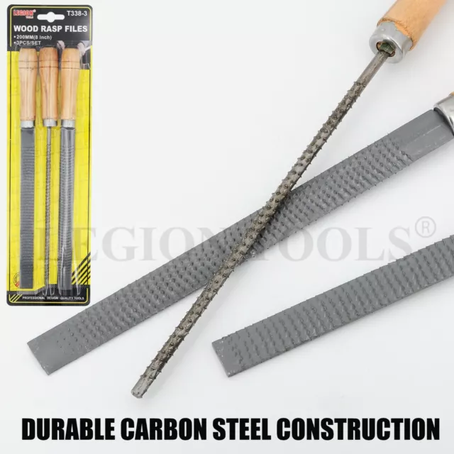 3pcs Wood Rasp File Woodworking Wood Carving Carbon Steel 8 inch 200mm 3