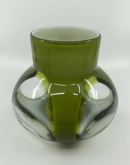 Mid-Century hand blown Finestre art glass vase green cased glass Murano Style