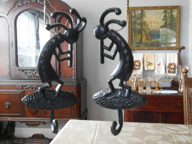 2 Kokopelli Fertility Deity Coat Hat Wall Hooks Hanger Vintage Cast Iron