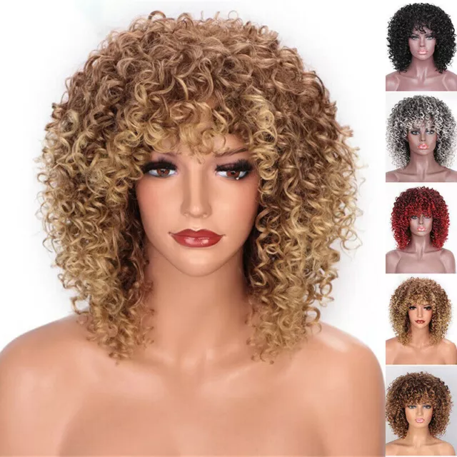 Womens Short Afro Wig Brazilian Hair Synthetic Curly with Bangs Kinky African