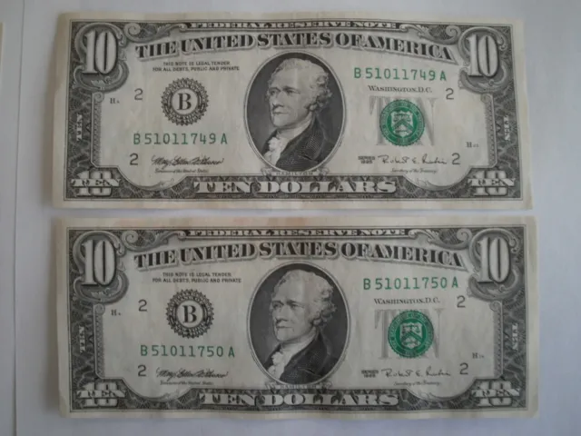 2 1990 $10 ten Dollar sequental Bill Federal Reserve Note Vintage US Currency