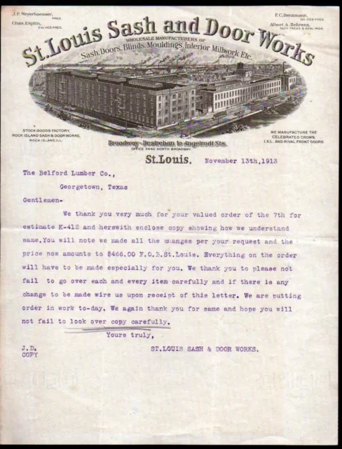 St Louis Sash and Door Works Mouldings - Missouri 1913 - Rare Letter Head Bill