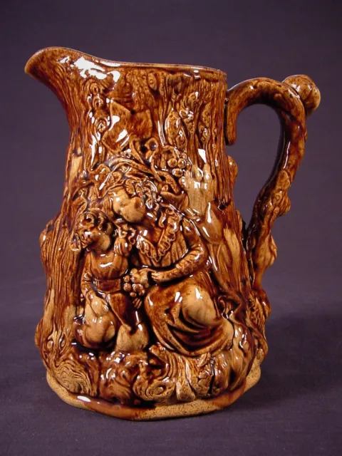 RARE BABES in the WOODS PITCHER RAISED RELIEF ROCKINGHAM GLAZE YELLOW WARE MINT