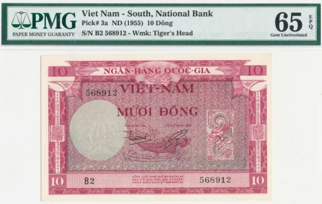 1955  Viet Nam - South, National Bank, Pick# 3a P-3a, 10 Dong, PMG 65 EPQ