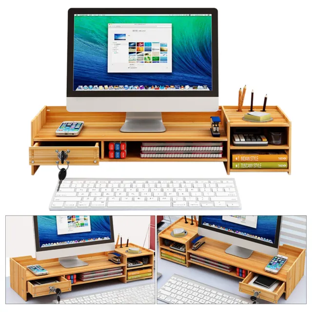 1pc Wood Desk Organizer w/ Drawers Office Desktop Storage Monitor Holder Indoor