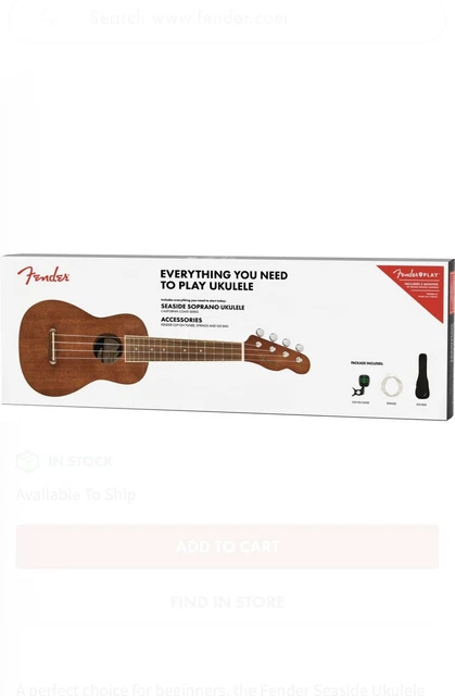 Fender Seaside Soprano Ukulele Pack Walnut Fingerboard w/ Tuner Strings Bag
