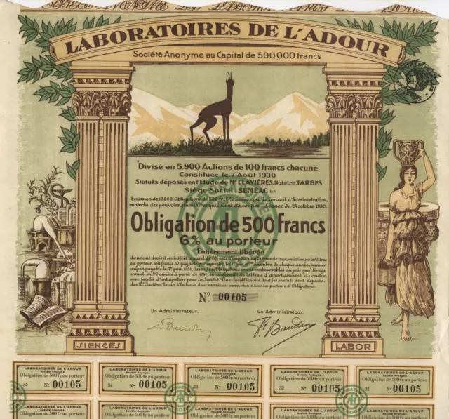 Laboratoires de l'Adour S.A. – Anleihe über 500 Francs, Séméac, 1930 – CHEMIE