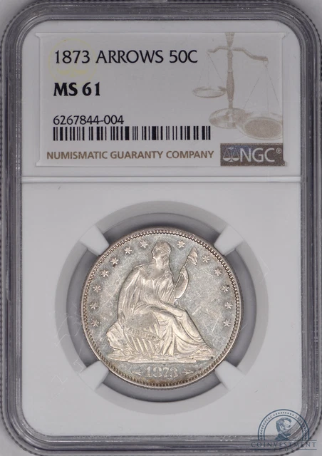 1873 with Arrows Seated Liberty Half Dollar 50c NGC MS61 - Prooflike Obverse!
