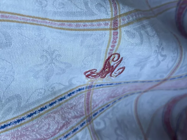 Nappe Ancienne Napoléon3 Damassé Florale Liteaux Rouge Bleu Or Monogramme145x148