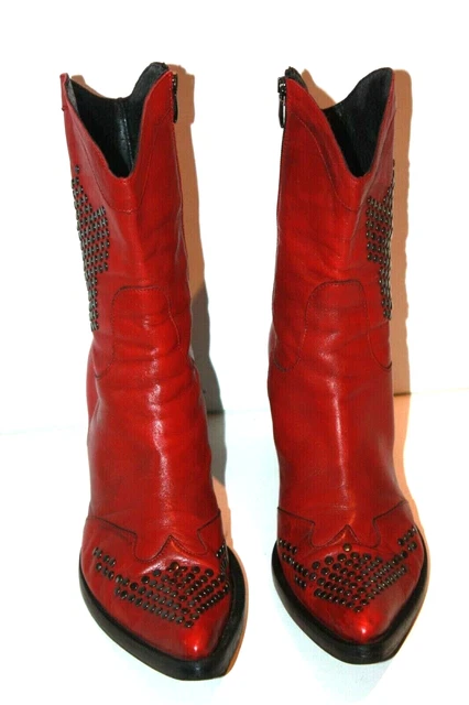 DONNA PIU Bottines Pointues Cuir Clouté Rouge Hermès Talons T 40 TBE