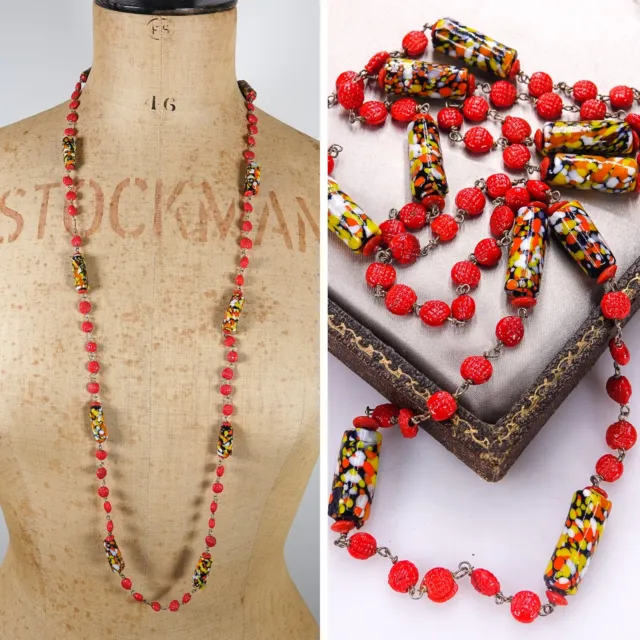 Vtg 1930s Art Deco Red Splashy Glass Necklace Neiger/Murano Style Flapper Beads