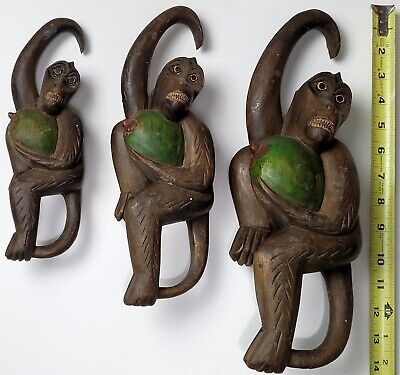 Rare Hand Carved Wooden Monkey Hanging Folk Art In Or Outdoor Decor Set Lot Of 3