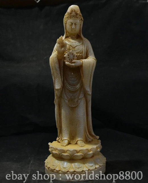 15.2" Chinese Natural White Jade Gilt Carving Kwan-yin Guan Yin Goddess Statue