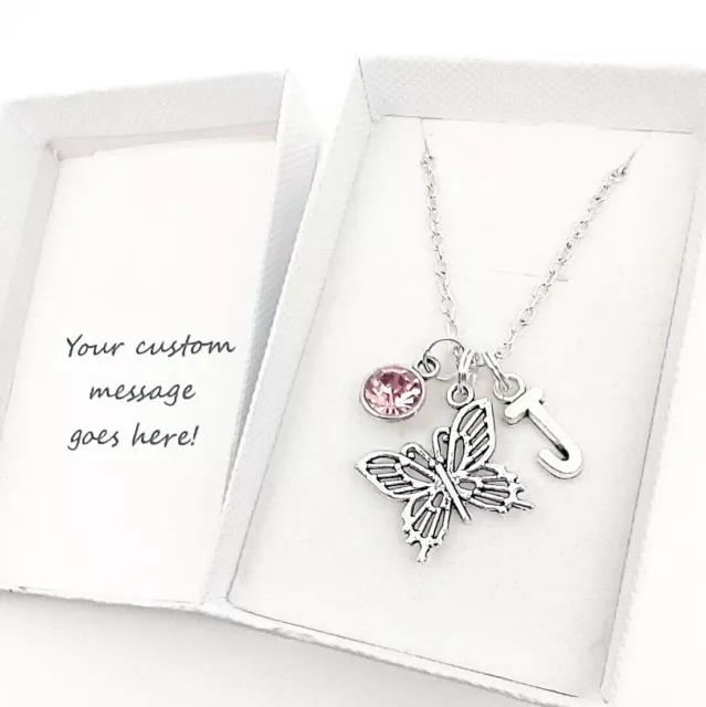 Butterfly Pendant Necklace Jewellery Gift, Personalised Initial / Birthstone