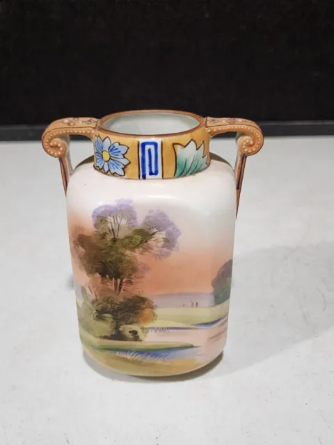 Antique Nippon Moriage Morimura 2 Handled Square Vase w/ Hand Painted Landscape