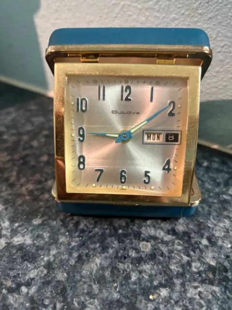 Vintage Bulova Travel Alarm Clock Made in Japan Blue Leather Case"