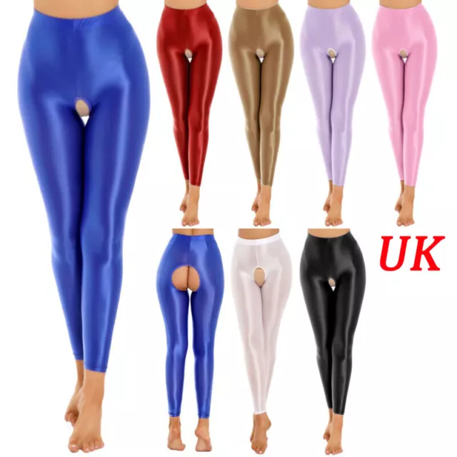 UK Womens Sexy See-through Shiny Glossy Skinny Trouser Pants Open Crotch Legging