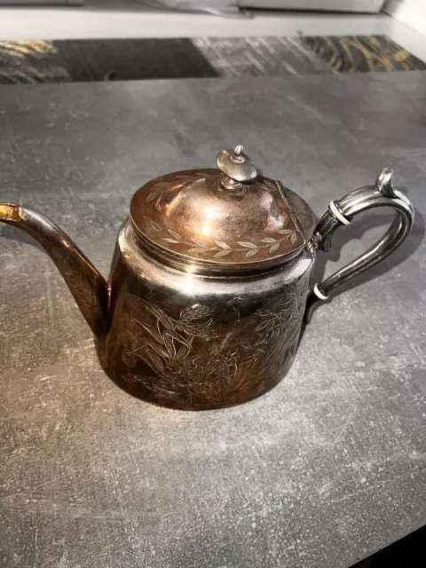 Antique VICTORIAN Etched Silver Plated TEAPOT Birds and Flowers EPBM