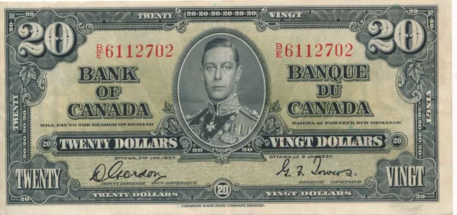 1937 Canada Banknote Gordon Towers $20 Dollars Banknote VF