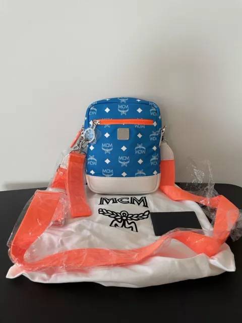 NWT! $565 MCM Resnick Visetos Logo Nylon Crossbody Bag Light Blue/Orange/White
