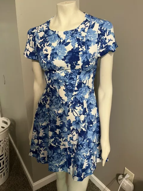 Pure Sugar Blue Floral Short Sleeve Zip Fit Flare Above Knee NWT Dress Small 2