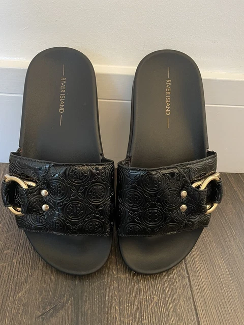 RIVER ISLAND SLIDERS Slip on Sandals Black RI Embossed Print Size 3 18.00 PicClick UK