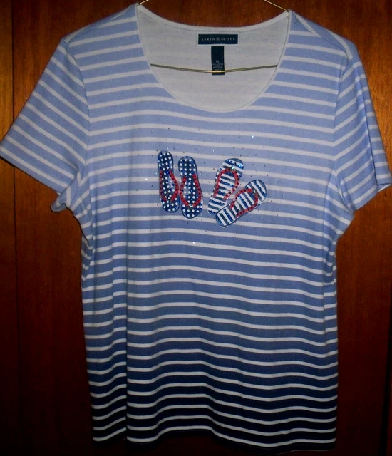 Women's Karen Scott Blue White Stripe Flip Flop Sparkle S/S Top Xl