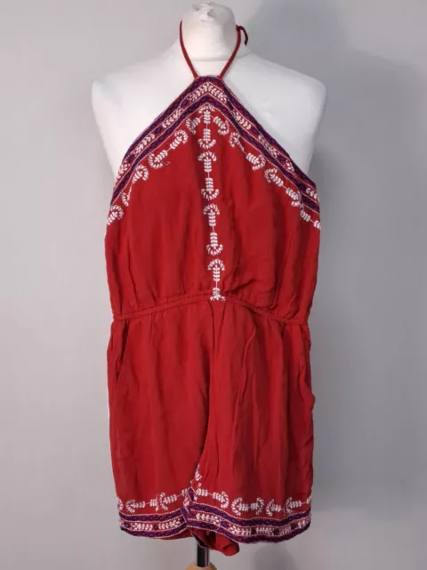 Topshop Red White Embroidered Tie Neck Playsuit Womens Size 6 (HN29)