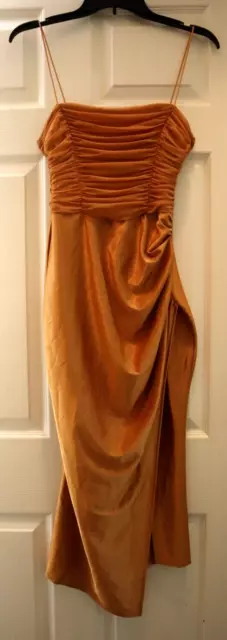 ASOS DESIGN Women's Sz 4 Gold Mesh Ruched Cami Drape Satin Midi Dress